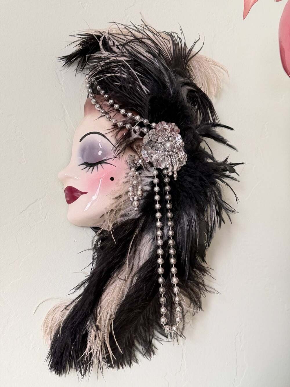 Unique Creations Art Deco Lady Profile Face Mask Wall Hanging Decor with Feather